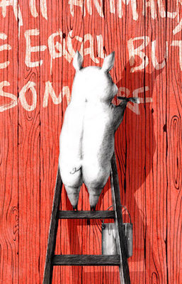 illustration by Christina Jung, created for an edition of Animal Farm, showing a pig writing graffiti on a barn